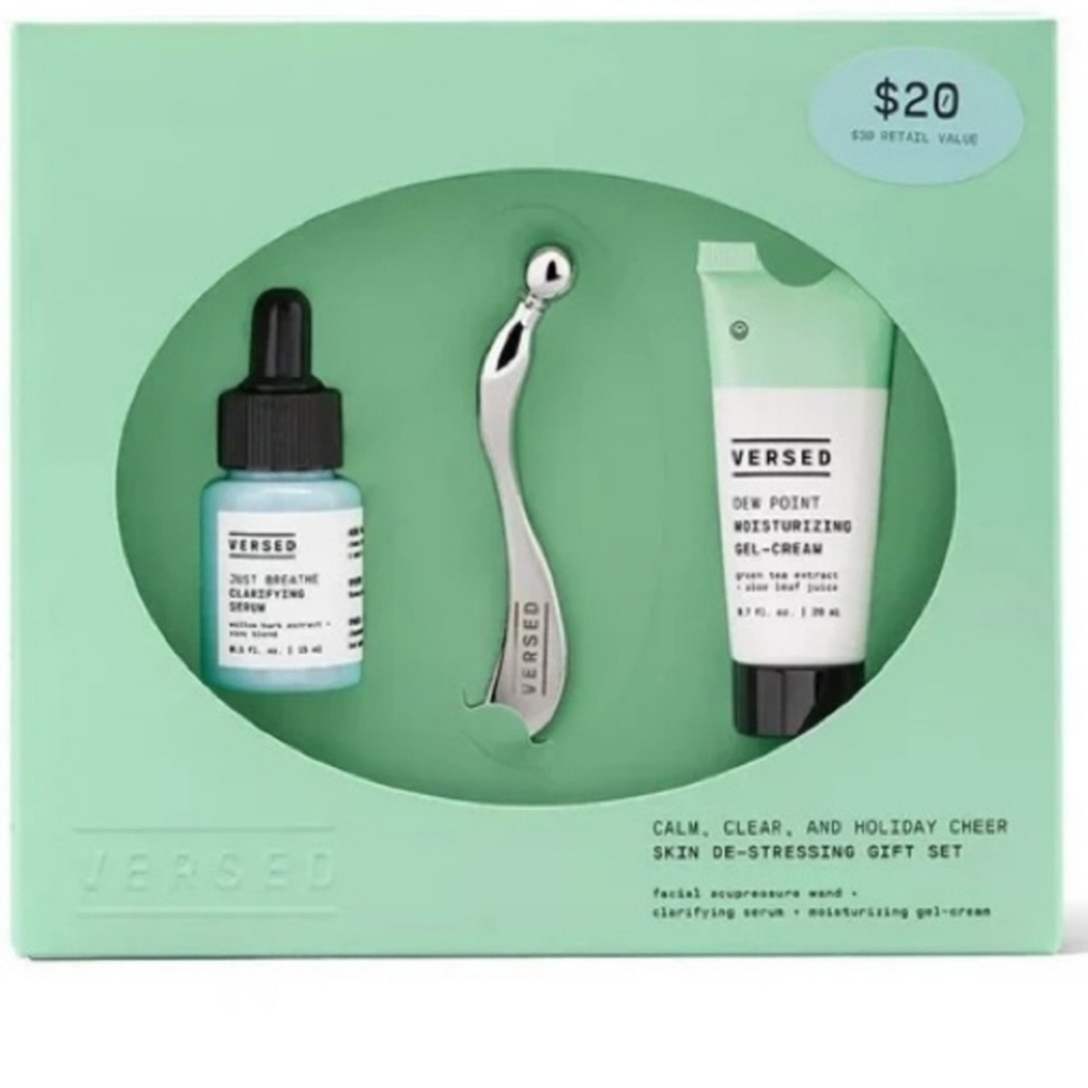 Versed Skin De-Stressing Set-Clarifying Serum+Accupressure Wand+Gel Cream